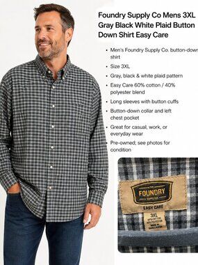 Foundry Supply Co Mens 3XL Gray Black White Plaid Button Down Shirt Easy Care
